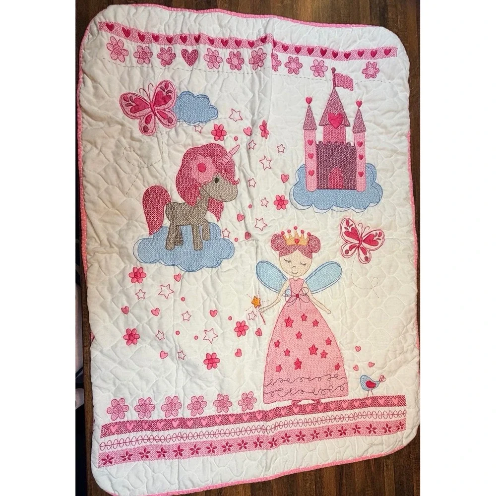 Adorable princess toddler bed quilt. Approx 42X30 in hand made cross-stitched
